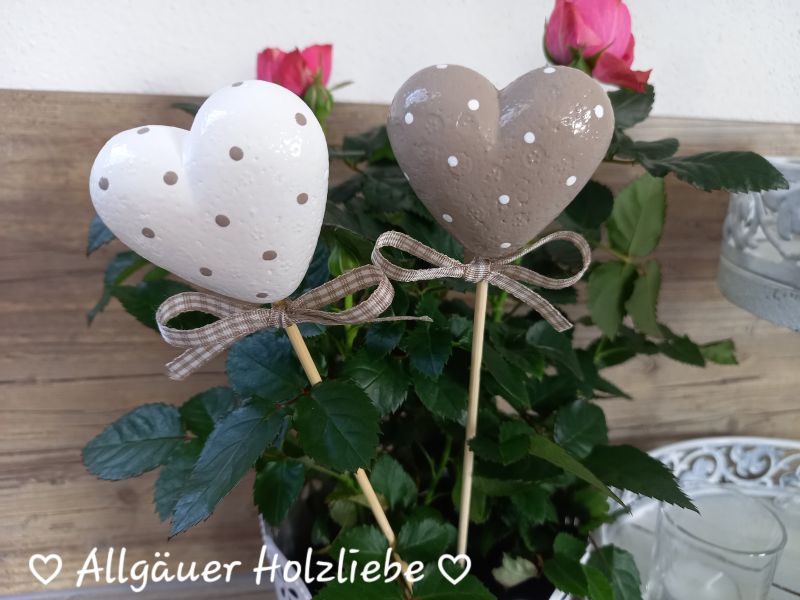 2 kleine Pflanzstecker * HERZ * 5,2 x 5 cm * Beige-Weiß * Shabby Landhaus